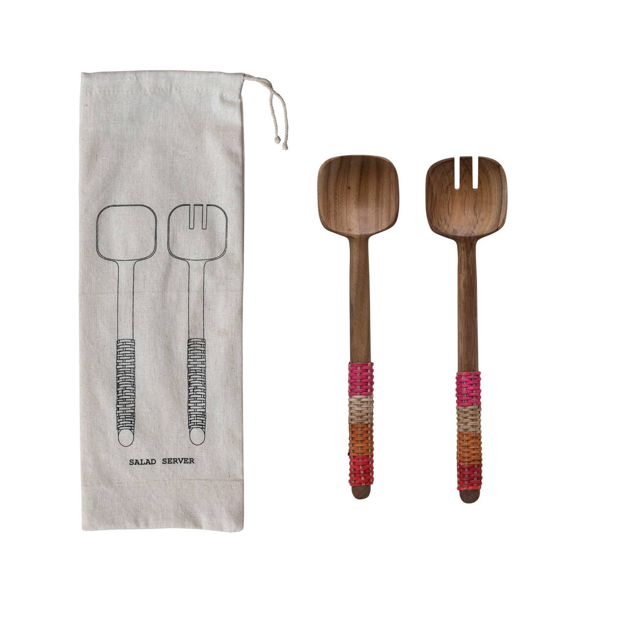 Hello Honey® 12" Teakwood Kitchen Salad Servers with Rattan Wrapped Handles & Drawstring Bag